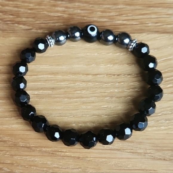 SOLD Black Onyx, Hematite & Black Evil Eye Beads Bracelet - Picture 2 of 11